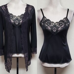 60s Vintage ILGWU Undercover Wear Black Lace Mini Robe V-neck Camisole Set M